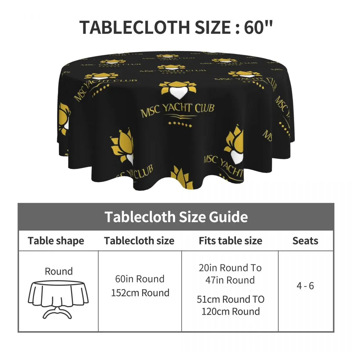 MSC Yacht Club Logo Design Cap مفرش طاولة مستدير مقاوم للماء مفرش طاولة مقاوم للزيت لأحداث المطبخ غطاء طاولة الطعام 60 بوصة #2