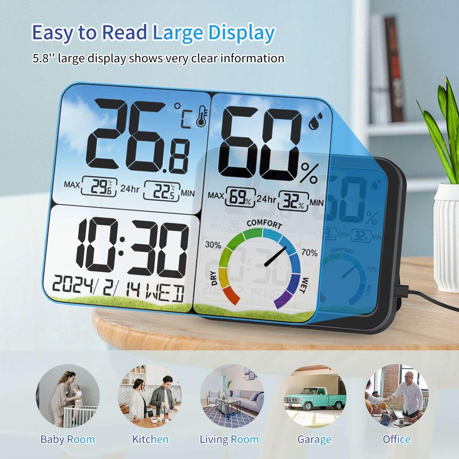 Digital Indoor Room Thermometer 5.8\'\' Extra Large Display Temperature Humidity Sensor with Accurate Temp Humidity Gauge Monitor