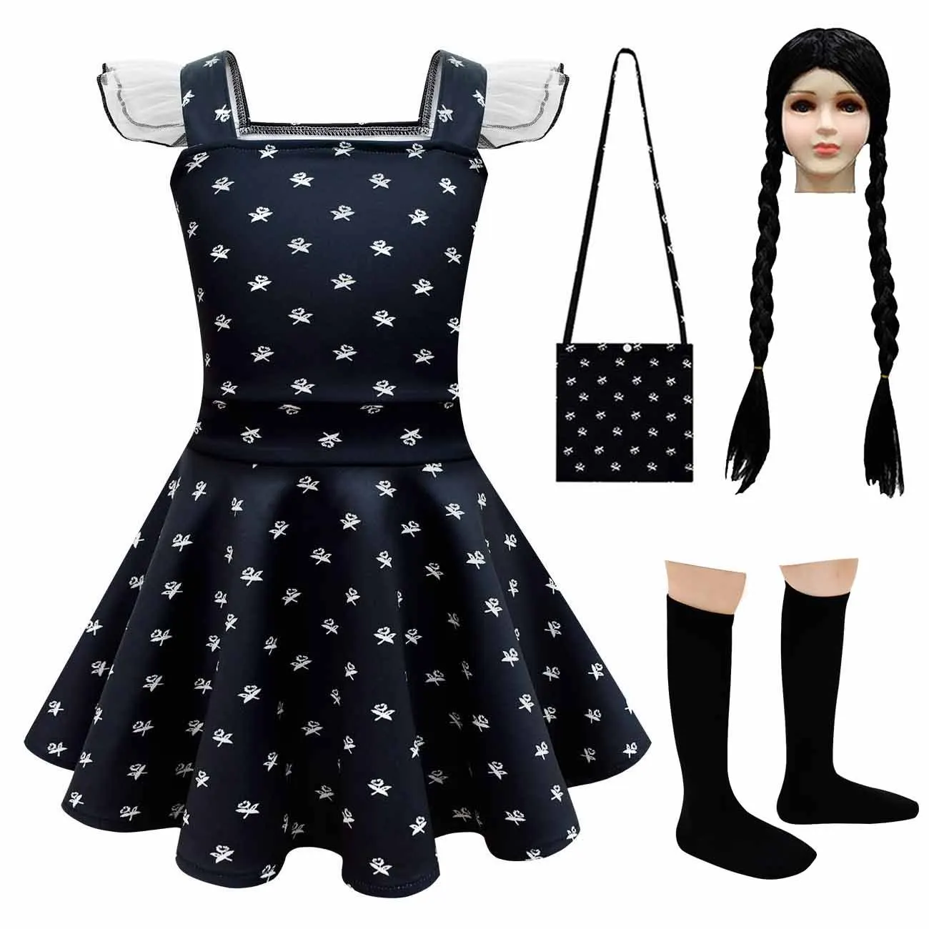 

Square Neck Wednesday Addams Cosplay Costume Black Dress Outfits Kids Adult Halloween Carnival Dancing Party for Women Girls