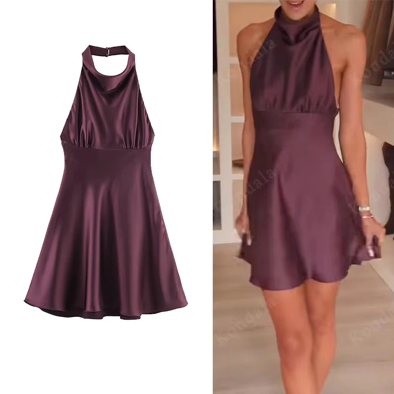 Women Fashion Sexy Halter Dress 2025 Summer New Fashion Satin V-Neck Dress Elegant  Holiday Party Evening Party Dresses