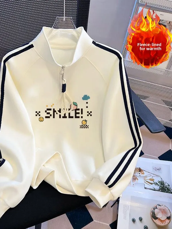 

American Style Hoodie Jacket Women's Spring Autumn Loose Winter Fleece Half Zip Stand Collar Short Top Small Size