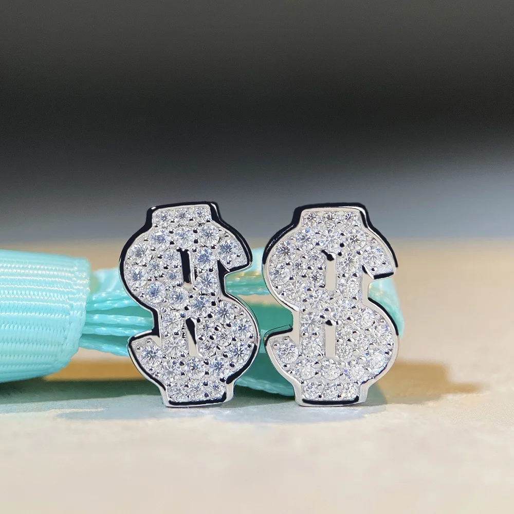 

European and American Cross-border Hip-hop S925 Pure Silver Moissanite Earrings Coin Dollar Moissanite Earrings