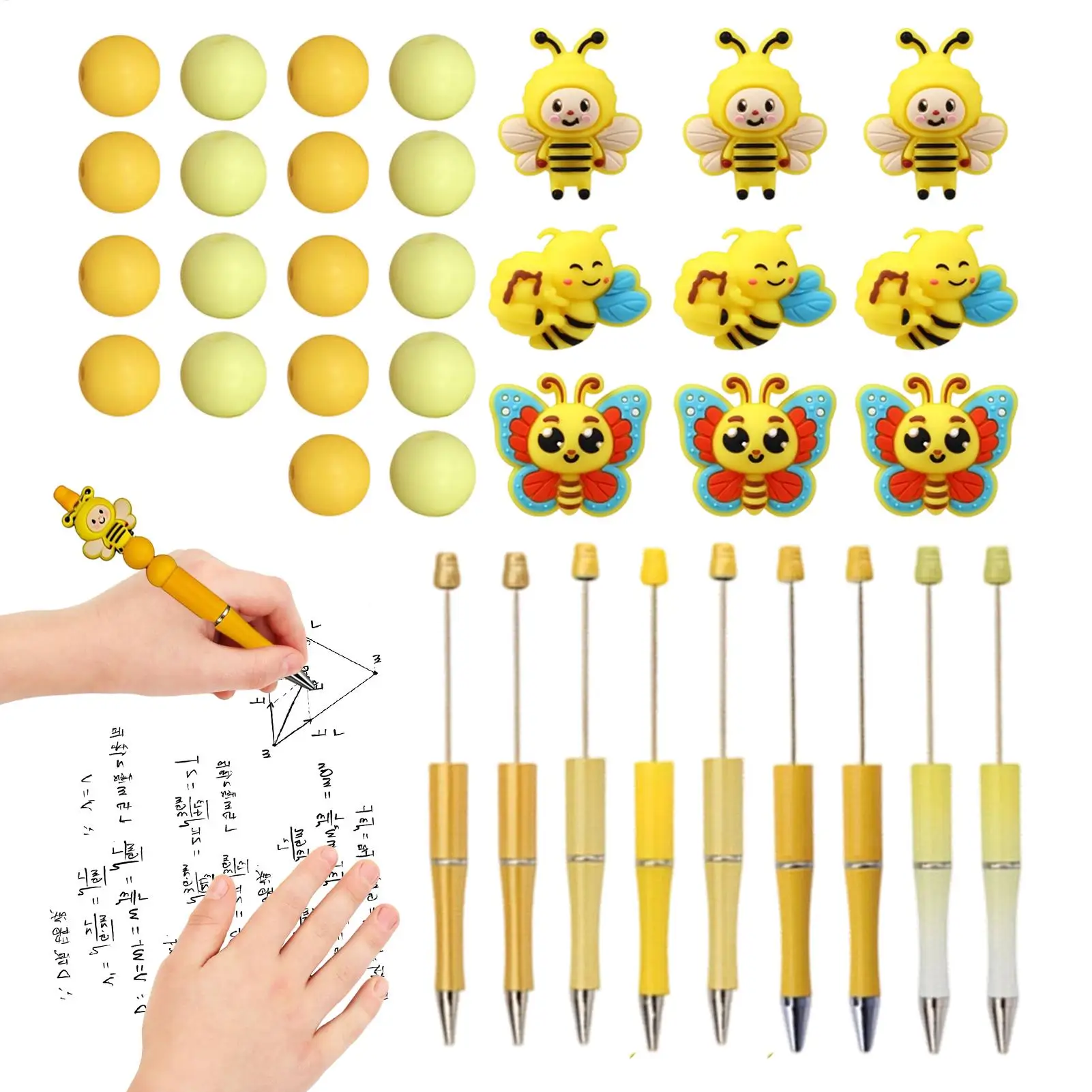 9pcs Cartoon Bee Theme Ballpoint Pen Non-Slip Grip Silicone Yellow Beads Gel Ink Pens DIY Bee Decorative Ballpoint Pen