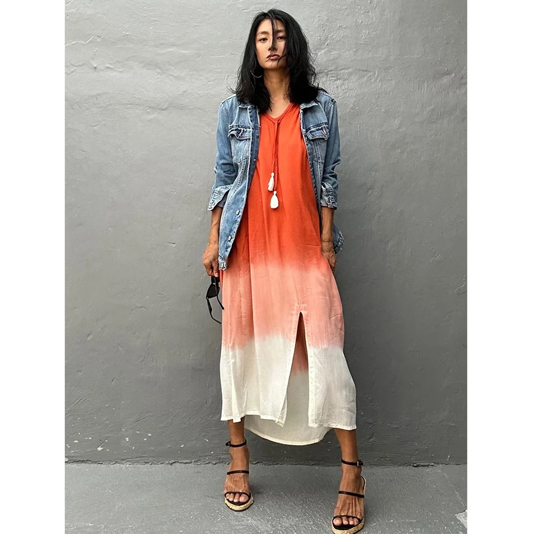 Gradient Bikini Cover-Up 2026 Women Modal Printed Swimsuit Cover Up Loose Cotton Dresses Seaside Bathing Suits Beachwear