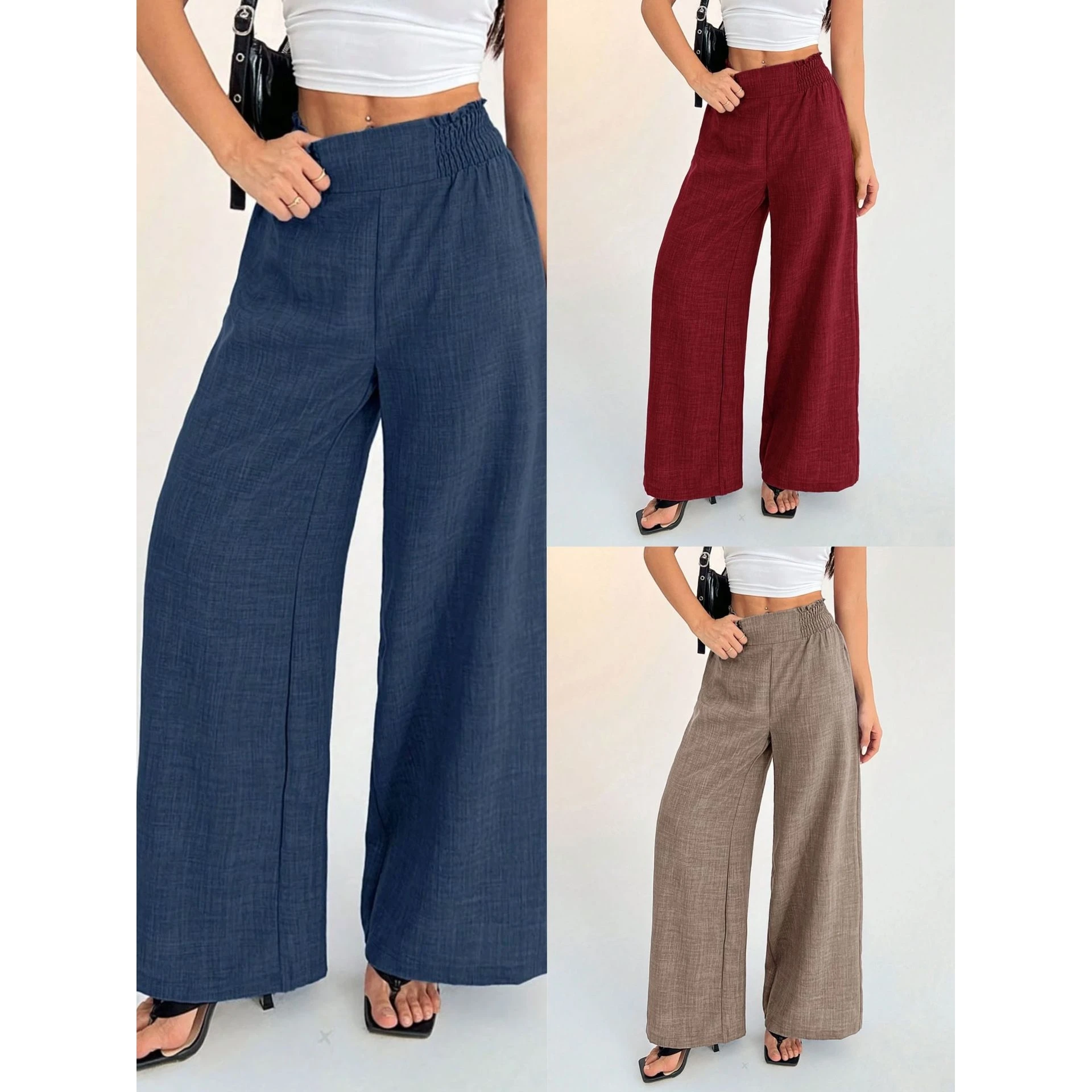 Cross-Border Pure Color Elastic Wide Leg Pants Women's Elegant Style Casual Trousers Universal Natural Waist Silk Material