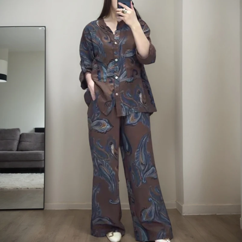 Vintage Print Two Piece Sets Fashion O-neck Three-quarter Sleeve Single-breasted Shirt And Drawstring Pocket Wide-leg Pant Suits