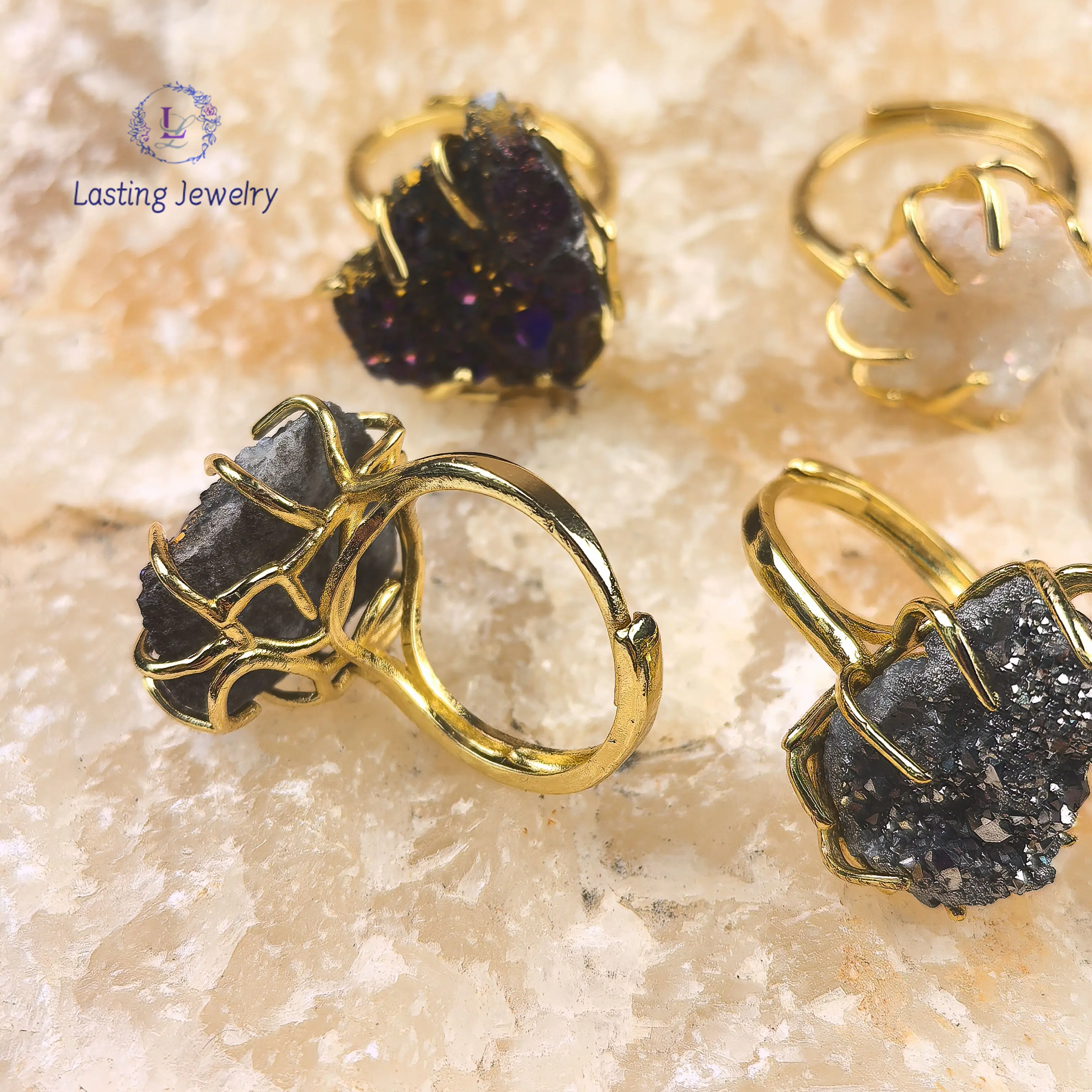 Natural Geode Quartz Adjustable Rings,Titanium Raw Crystal Druzy Drusy Nugget Finger Ring Women Fashion Bohemia Jewelry
