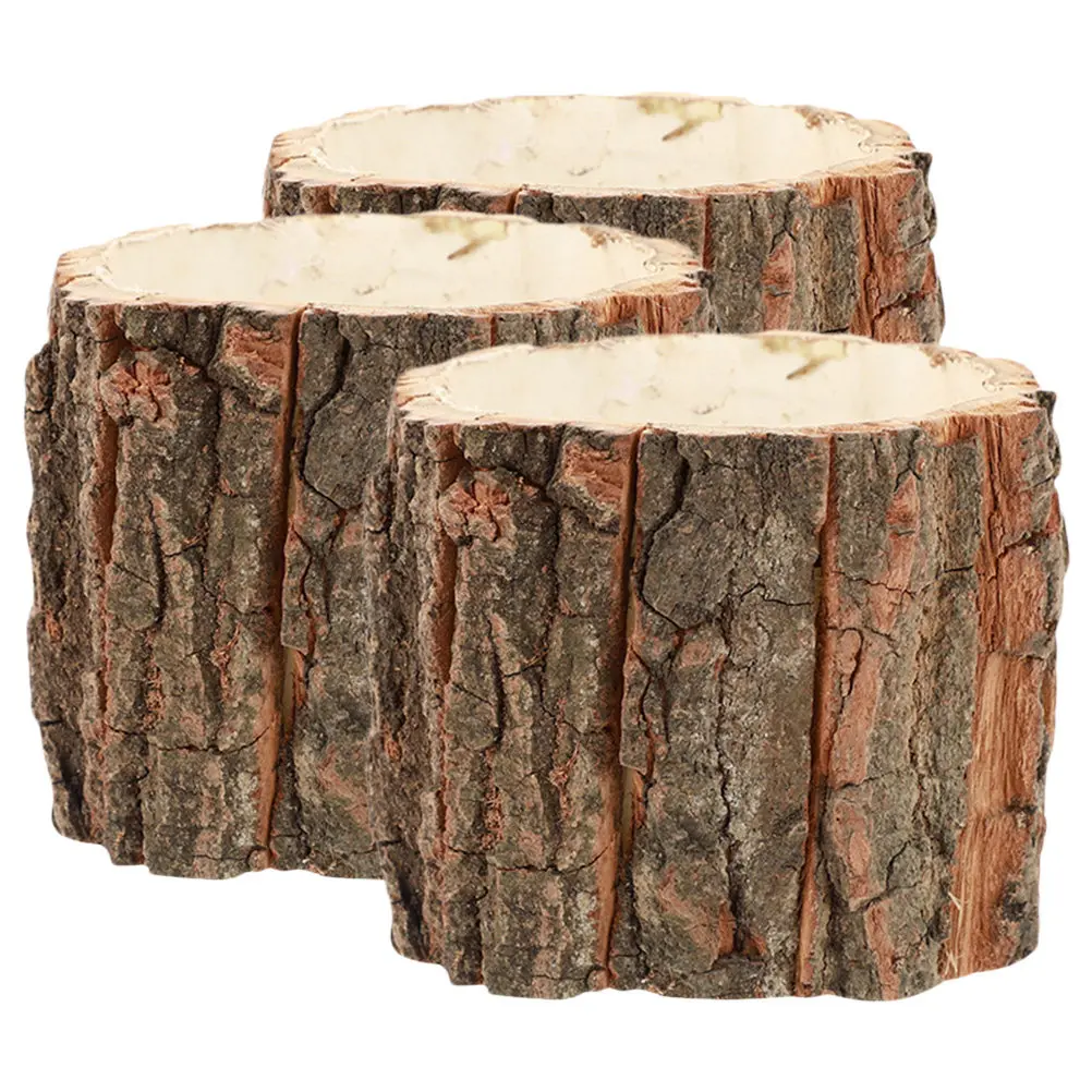 3Pcs Bark Flower Pot Waterproof Wood Vase with Delicate Grain Texture for Living Room Shelf Mantel Centerpiece Country Style
