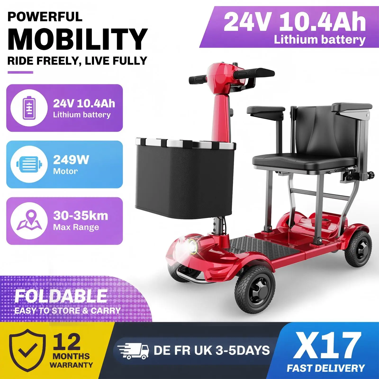 TODOMART X11 x17 Opvouwbare 4-wiel elektrische mobiliteits scooter voor ouderen, 249W lichtgewicht draagbare mobiliteitskar voor senioren, 24V 10.4Ah 25km opvouwbare mobiliteits scooter voor ouderen,