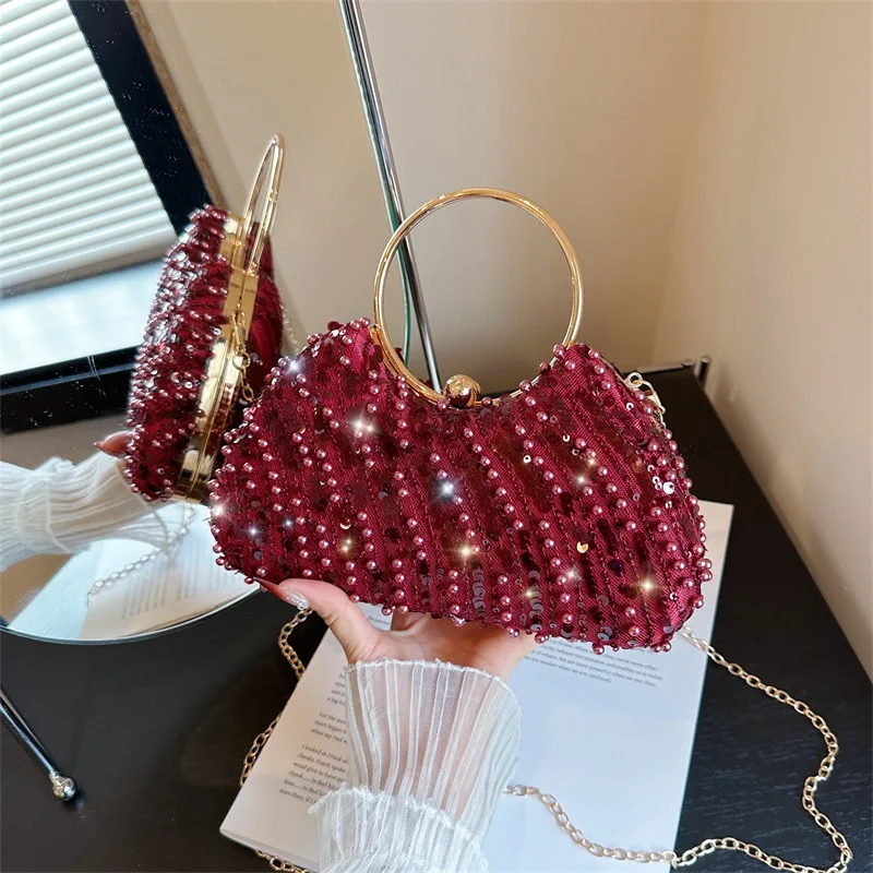 Luxury Pearl Sequin Socialite Dinner Bag 2026 New Fashionable Retro Handbag Women's Chain Crossbody Bag