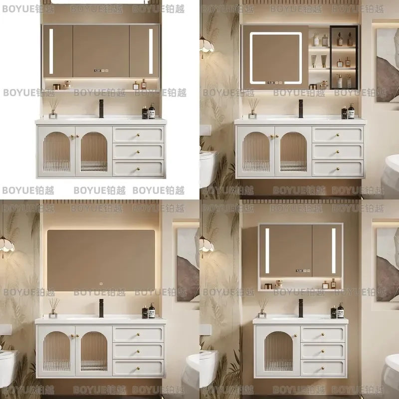 French Pastoral Cream Bathroom Vanity with Integrated Mirror Cabinet Single Sink Washbasin Unit Modern Wall Mounted Storage