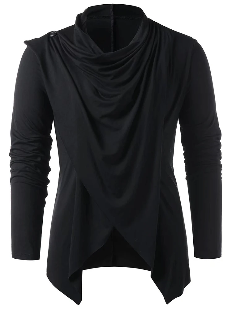 Vintage Irregular Cross Wrap Draped Cowl Neck Tops Men Spring Summer Casual Pure Color Long Sleeve Ruched T Shirt Fashion Blouse