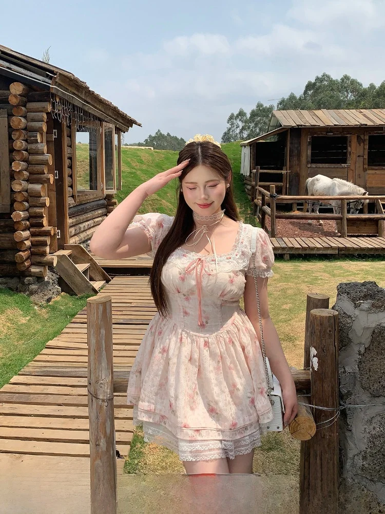 

Летнее женское платье больших размеров с цветочным принтом, кружевом и рукавами-фонариками, с завышенной талией, повседневное, в стиле Sweet Plum Rose Lace