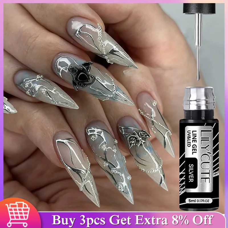 LILYCUTE 5ml Silver Super Bright Metallic Liner Gel Nail Polish Chrome Gold Mirror Effect Painting Drawing Line Gel Nail Art DIY