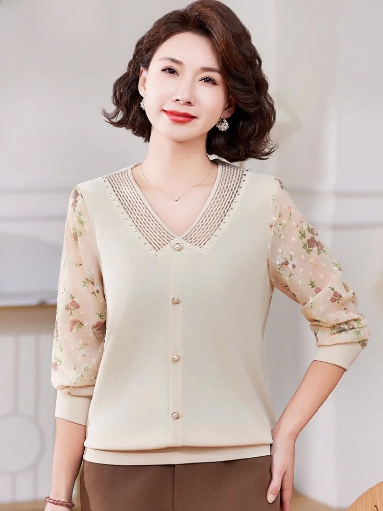 

Spring Faion Knitted Mommy Top Long Sve Chiffon Base irt for Middle-Aged Women V-Ne Loose Fit Polyester Blend
