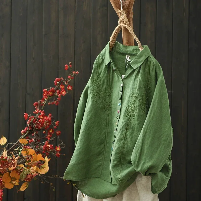 

Весенне-осенний свободный хлопковый льняной женский топ на пуговицах, тонкий кардиган с вышитыми пуговицами, воротник стандартной посадки