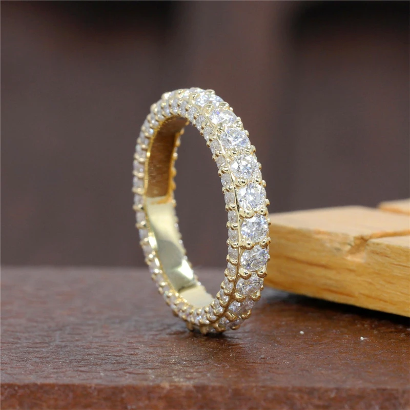 JY Jewelry Round Lab Diamond Pave Set Eternity Band 14K Yellow Real Gold HPHT Diamond Matching Band Ring For Women  Anniversary