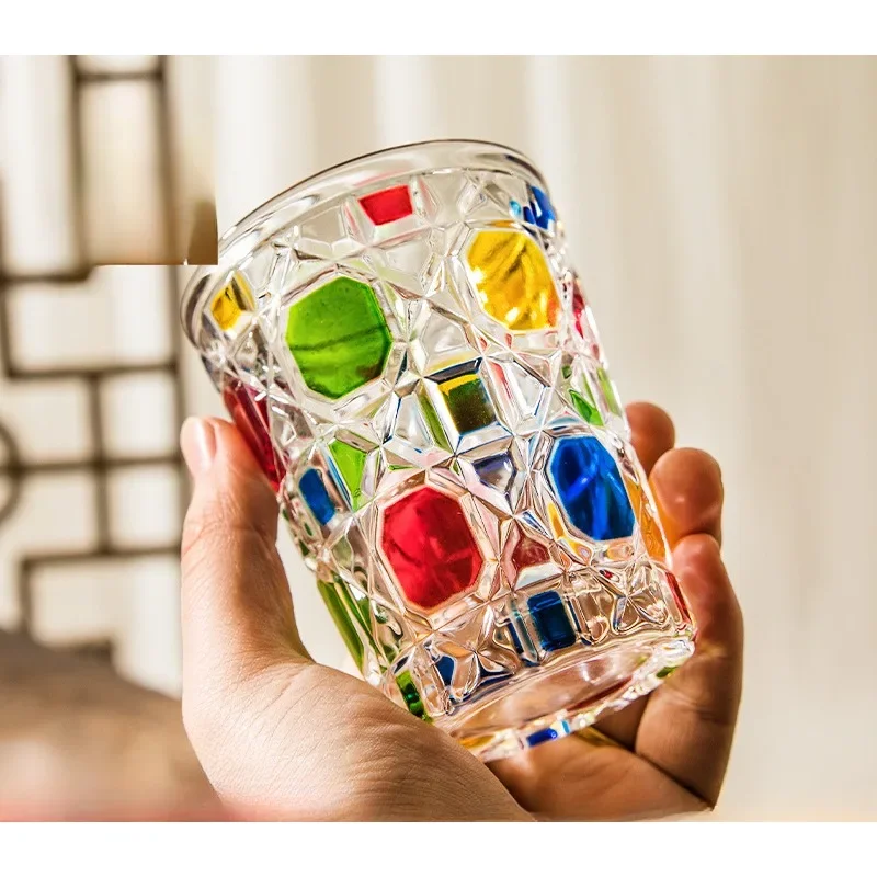 Colored Plaid Whiskey Glass Good-looking Painted Wine Glass Household Glass Contrast Color Beer Steins