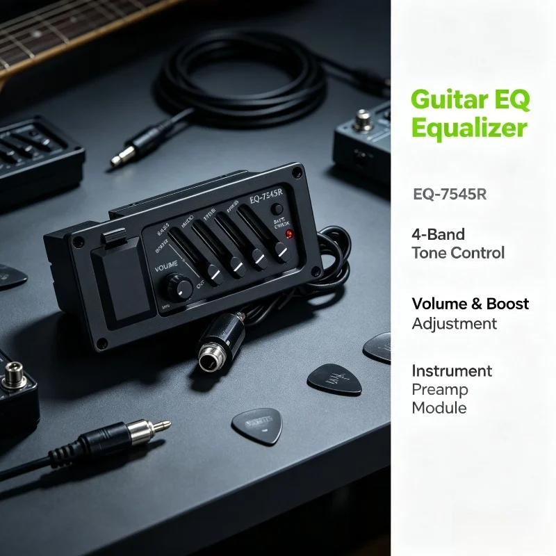 Low Noise EQ-7545R 4-Band Piezo Guitar Preamp Pickup Built-in Tuner Equalizer Acoustic Electric Guitar Instrument Replacement Pa