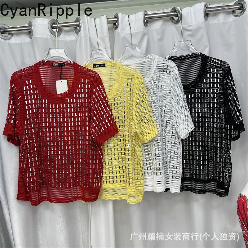 Shiny Glass Drill New Spring Summer Loose Short Sleeve T-shirt All-match Round Neck Hollow Out Perspective Mesh Tees Casual Tops
