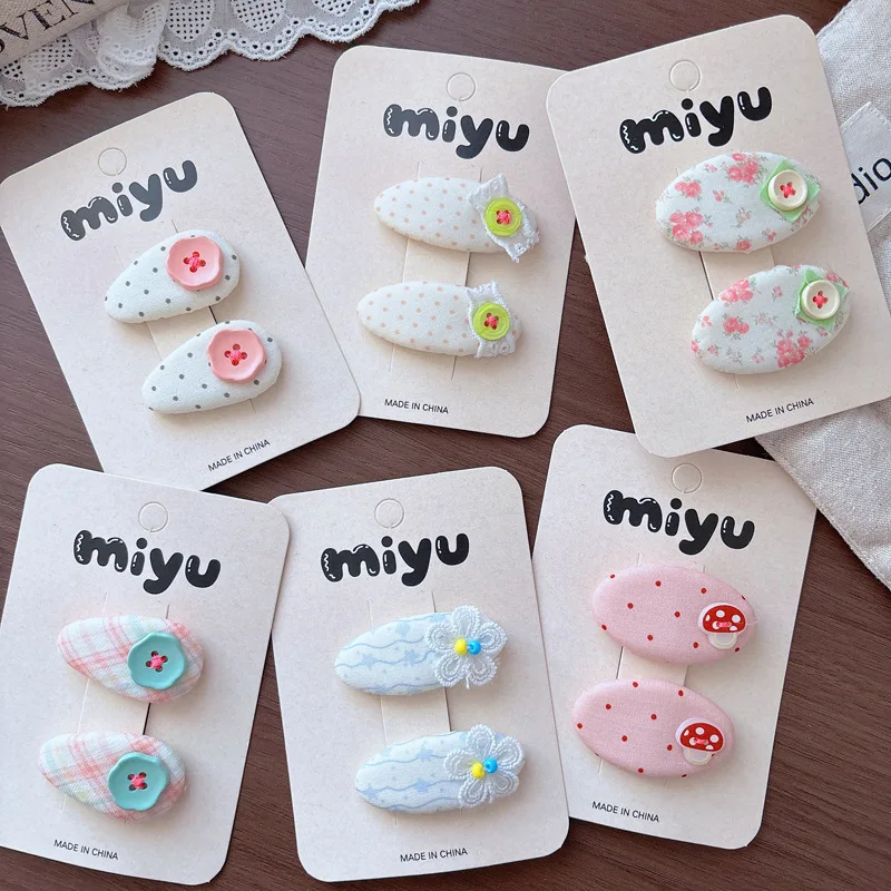 2PC Baby Girls Spotty Hair Clips Cartoon Floral Mushroom Patterns Fringe BB Clips Small Water Drop Kids Bangs Hairpins Headwear
