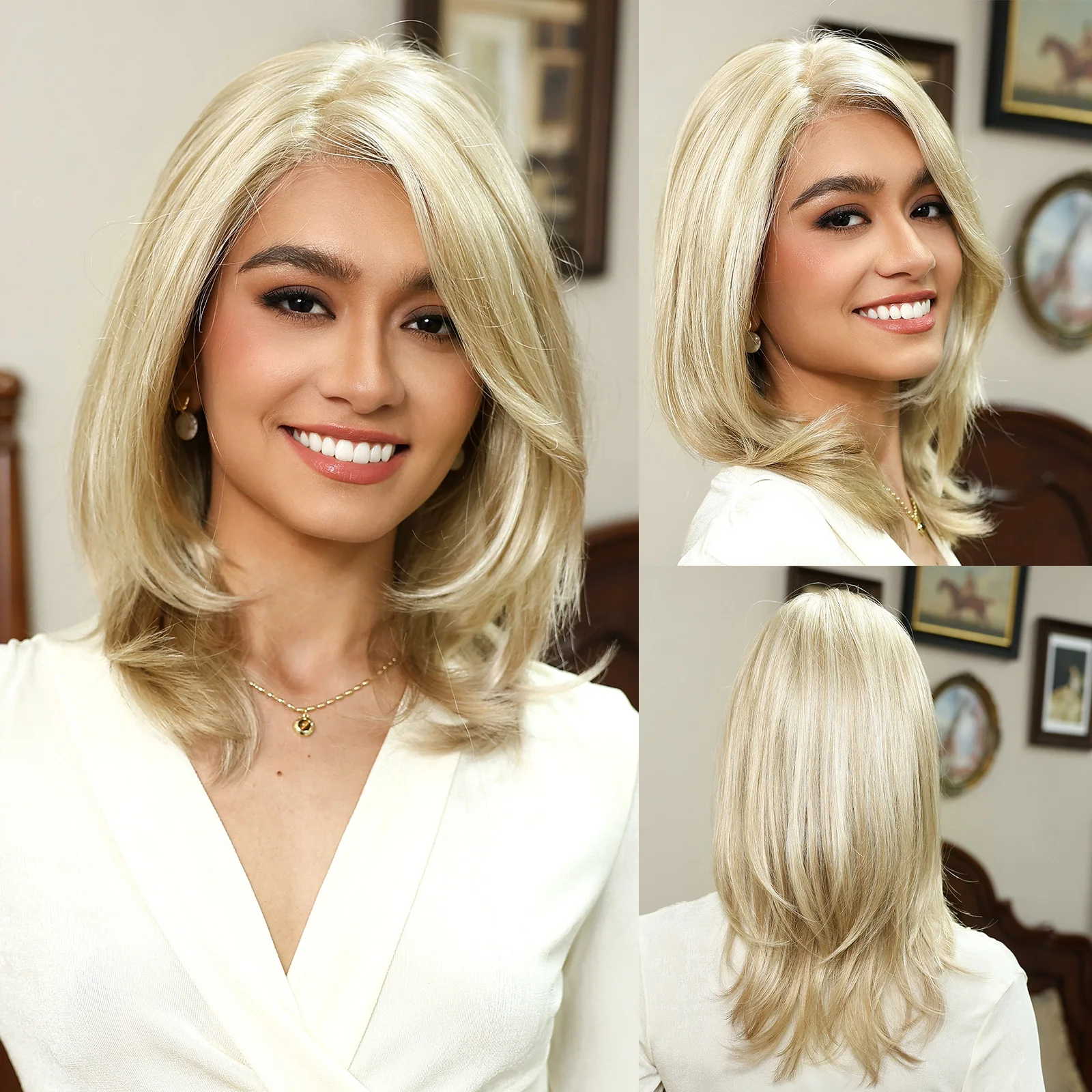 

Short Blonde MONO Lace Base Synthetic Wig Hand Tied Knotless Lace Front Hair Wig for Women Daily Use High-Quality Fiber Wig