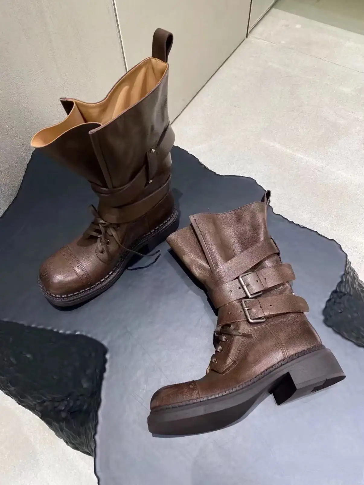 

New Style Leather Belt Buckle Knight Boots Women Fashion Chunky Heel Platform All Match Ankle Boots Female Casual Shoes