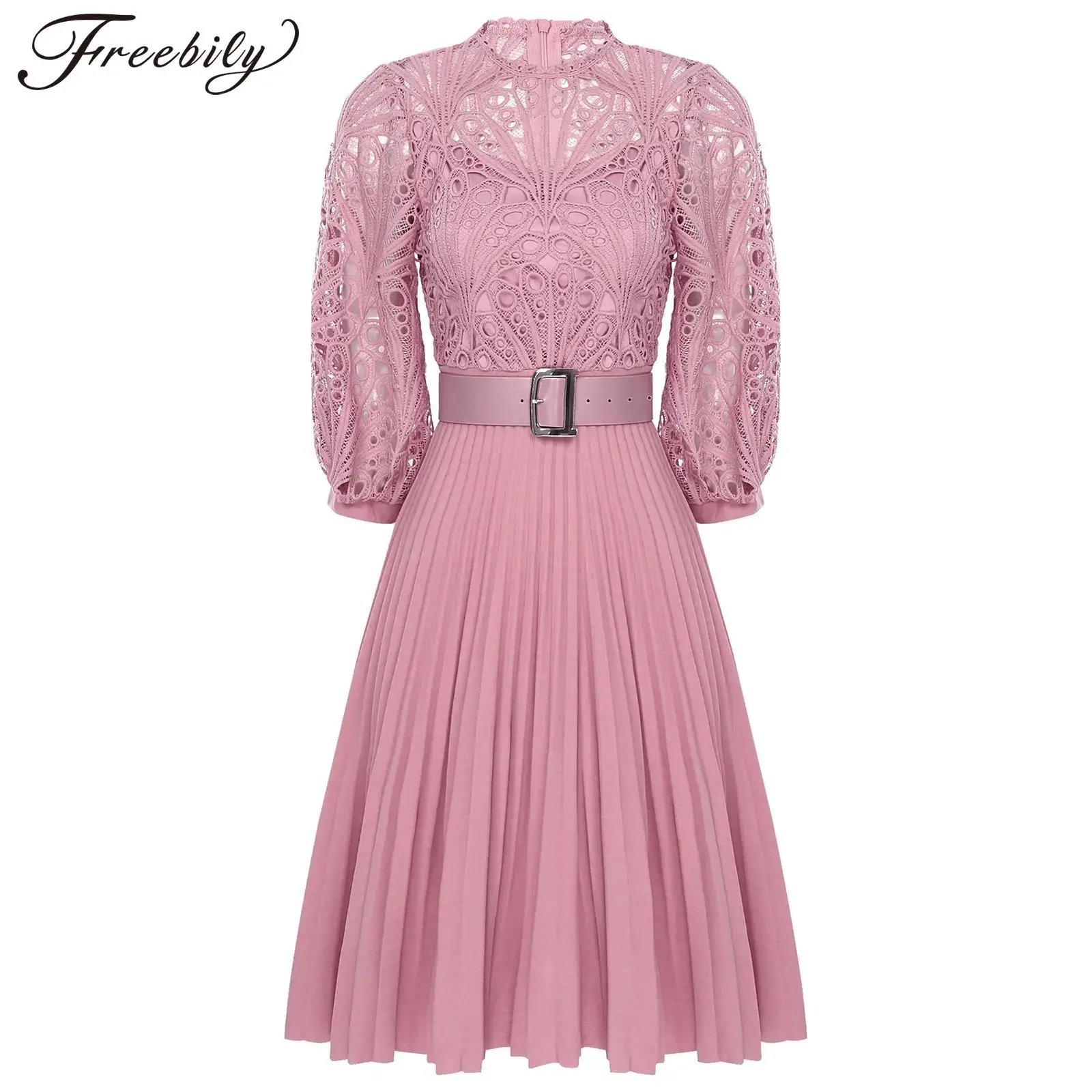 

Элегантное женское платье с поясом, кружевное плиссированное платье-трапеция с рукавом 3/4, подолом и высокой талией для свадебной вечеринки, банкета, платье для выпускного вечера