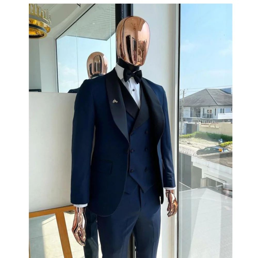 

High-end Dark Blue Men Suits 3 Piece Fashion Shawl Lapel One Button Male Suit Slim Formal Banquet Groom Wedding Party Tuxedo