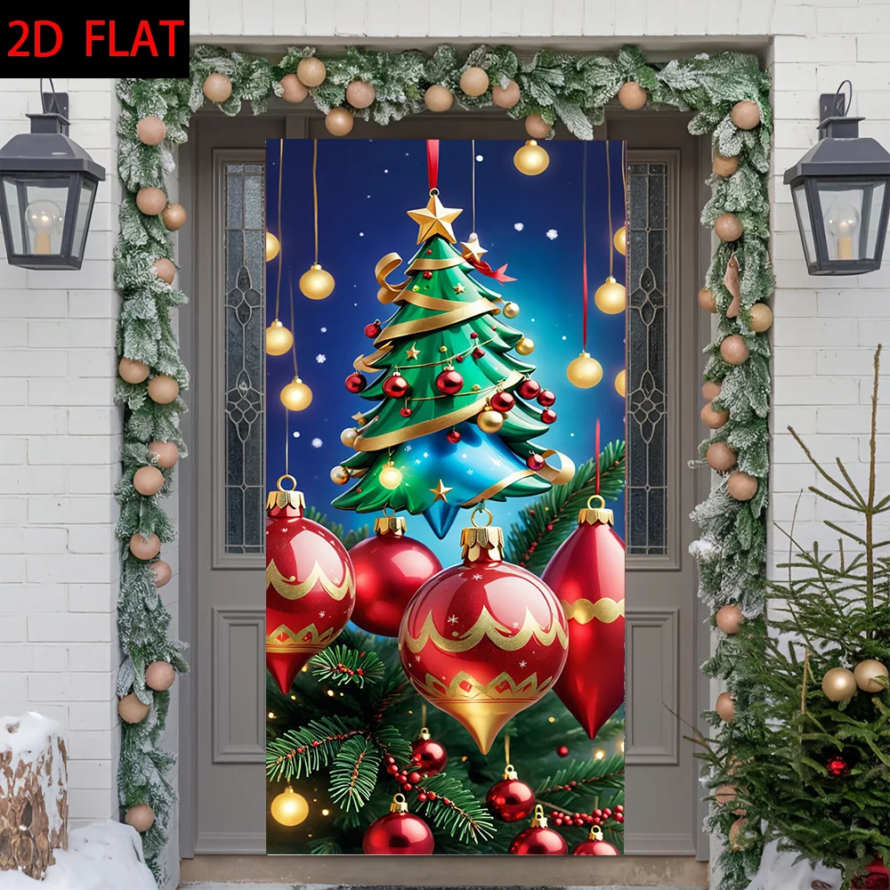 2D-Flugzeug, 2D-Türbanner, 2D-Türbanner mit aufwendig verziertem Weihnachtsbaum, grünem Baum und goldenem Band, goldene Sterne