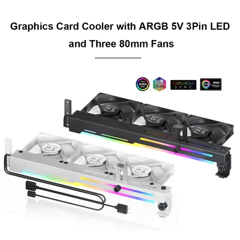 2 in 1 Graphics Card Cooler 1800RPM 5V 3Pin ARGB RGB LED Graphics Card Holder with 3x80mm Fans GPU Cooler