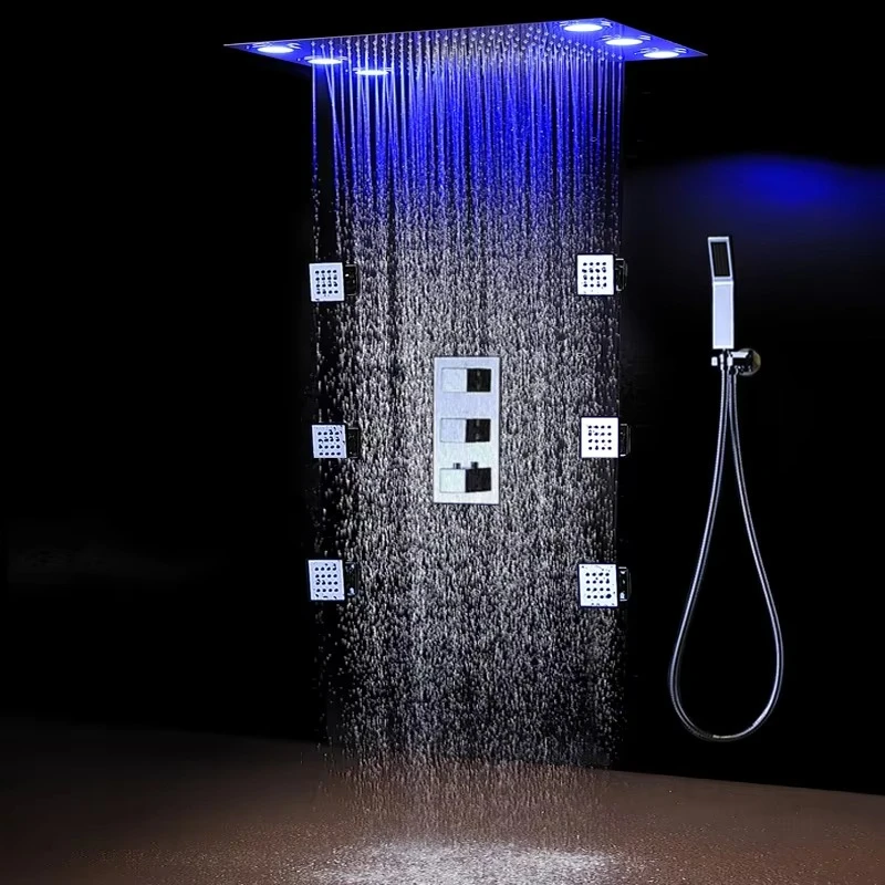 Modern LED Ceiling Bath Shower Rainfall Set 6 Big LEDs Massage Body Spray Jets 2 Set Thermostatic Bathroom Shower Mixer Faucet