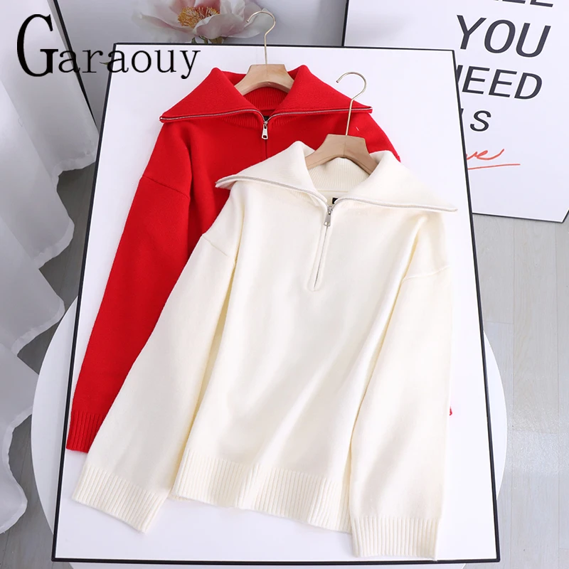 Garaouy 2022 New Women Clothing POLO Collar Zipper Casual Sweater Solid Color Large lapel Hem Rib Decoration Knitted Pullover