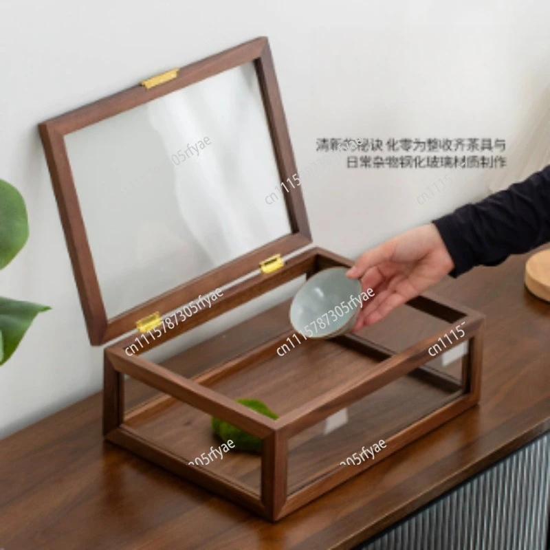 Black Walnut Tea Set Storage Cabinet 5-Sided Glass Dustproof Display Box Desktop Organizer Chinese Style Tea Ware Cabinet