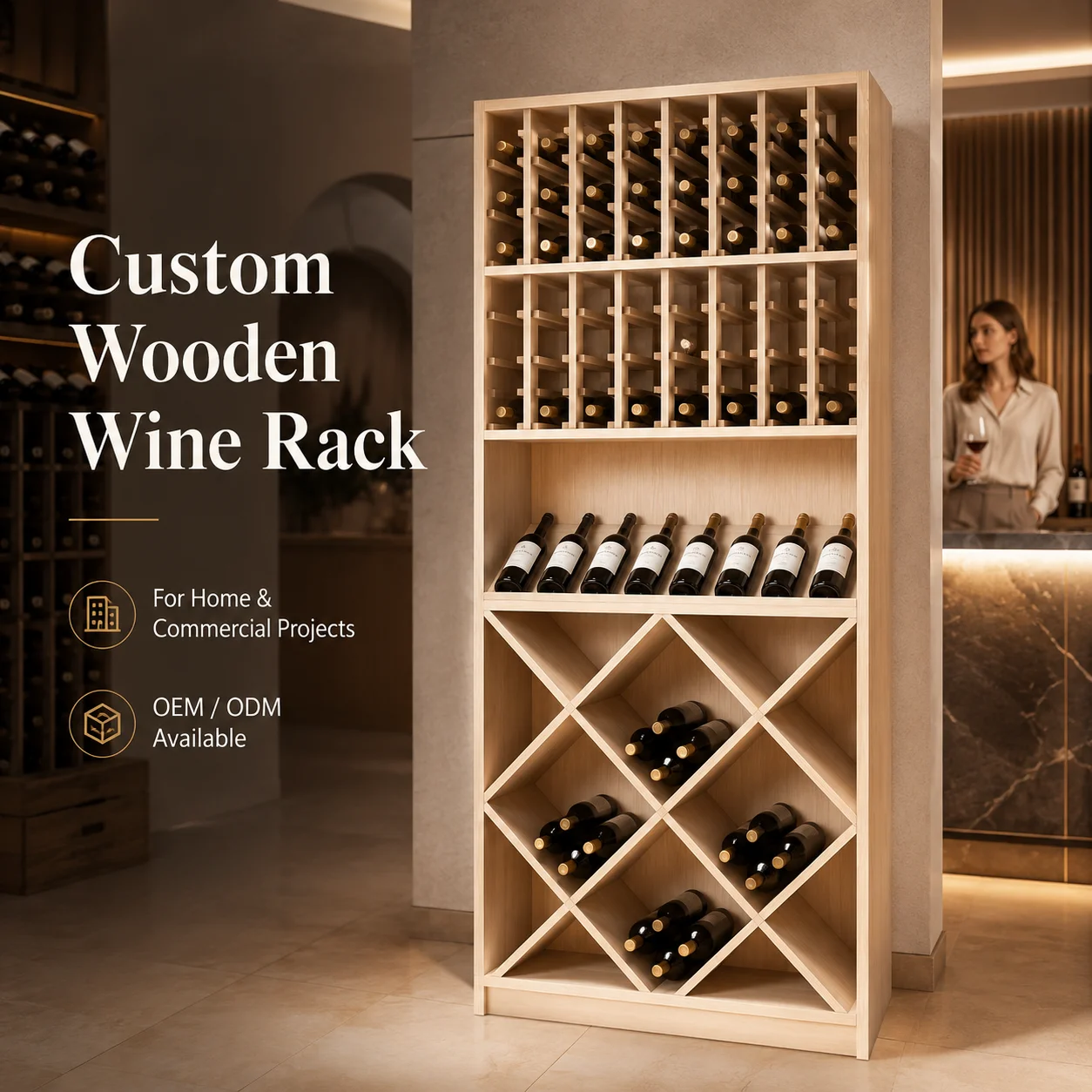 Custom Wooden Wine Rack Wine Cellar System Wine Cabinet Design Wine Cellar Project for Villa Hotel Restaurant Commercial