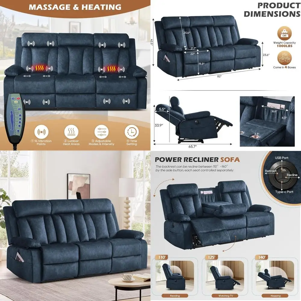 

Power Reclining Soa with Heat and Massage, Electric Reclining Couch with Drop Down Table,Cup Holders, Dual Ports, Wall Her Recli