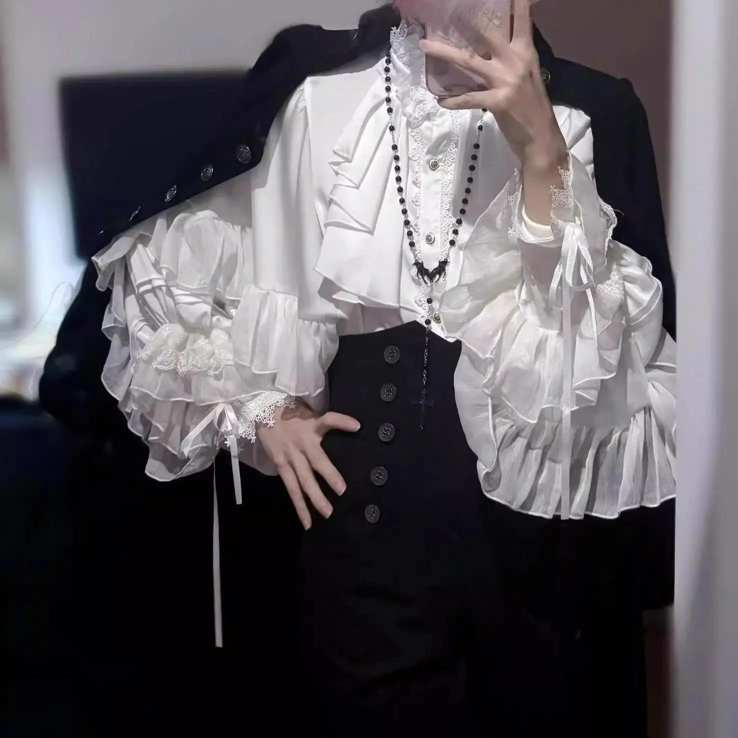 

Japanese Kawaii Lolita Women Blouse Retro Batwing Long Sleeve Shirts Y2k Aesthetic Lace Button Tops Pure Color Casual Elegant