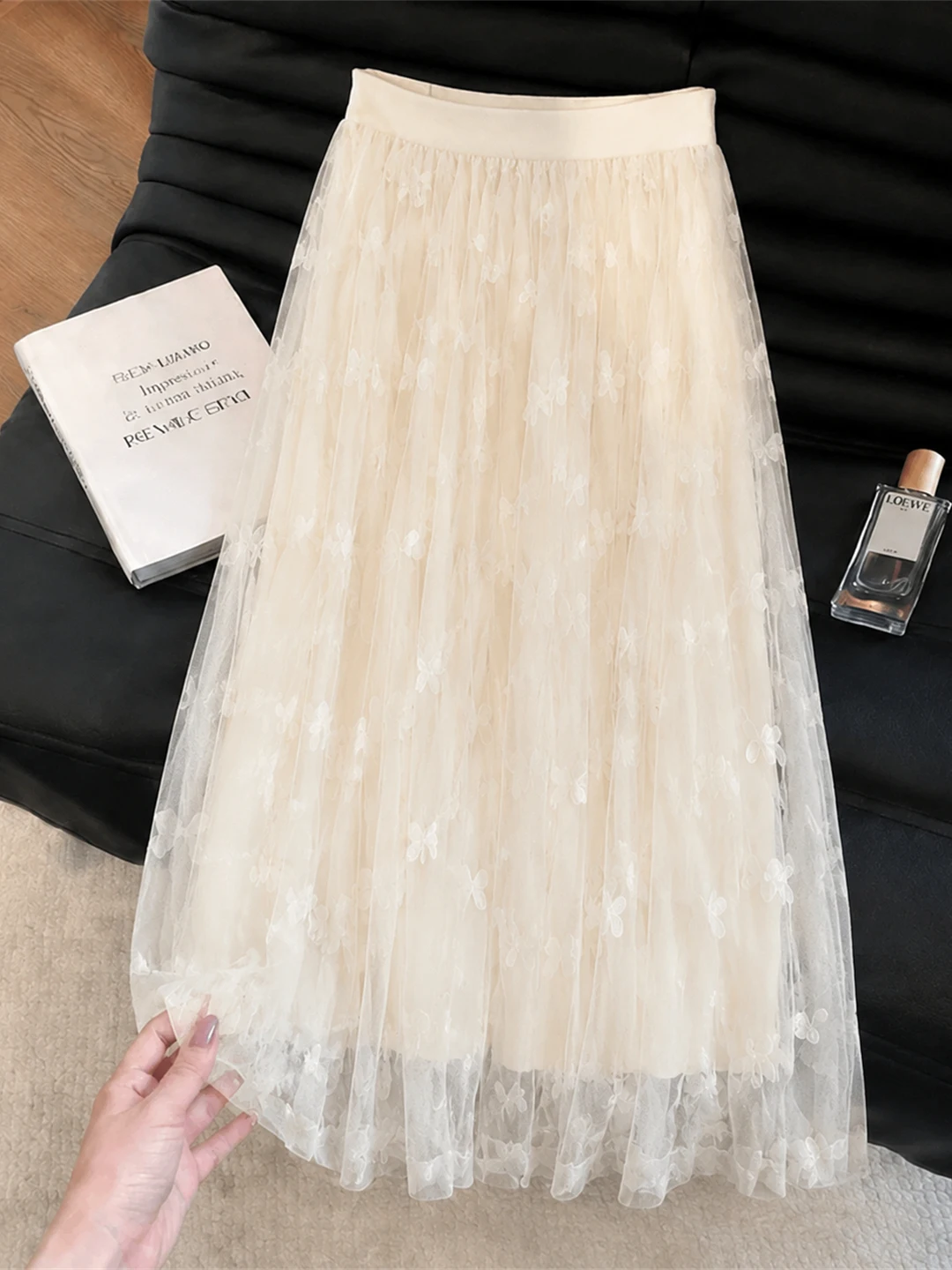 

Elegant Mesh Splice A-Line Midi Skirt Women's Slimming Puffy Cake Skirt High Waist Commute Style Korean Version Daily Wear