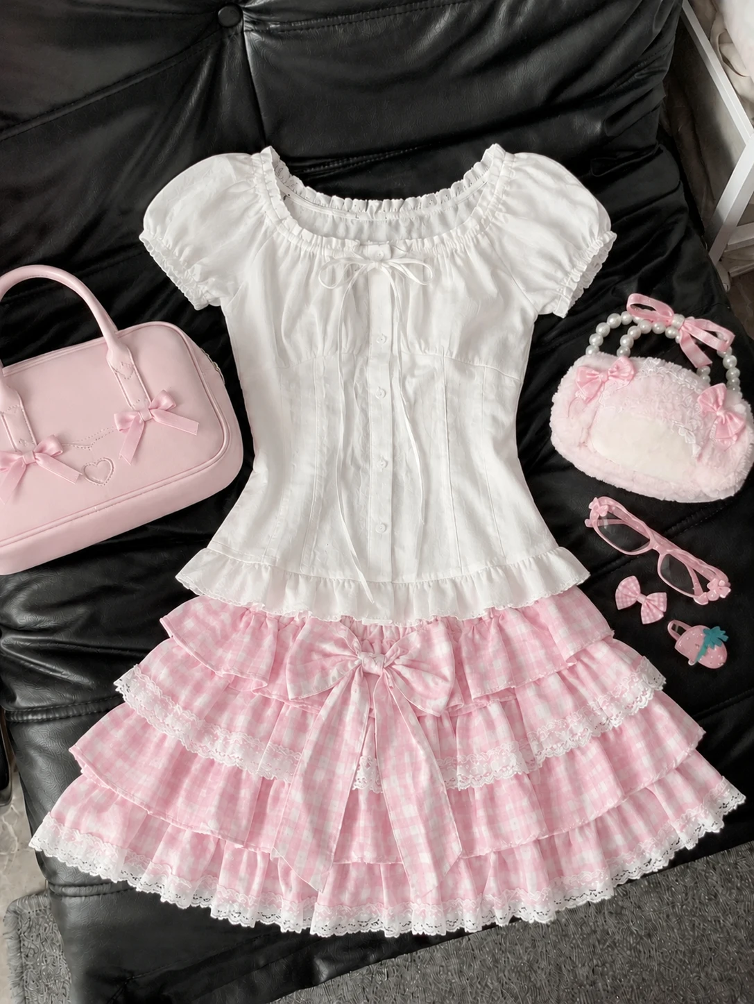2026 Summer Kawaii College Matching Suits Women Sweet Short Blouse Mini Skirt Y2K Vintage Casual Daily Holiday 2 Piece Outfits