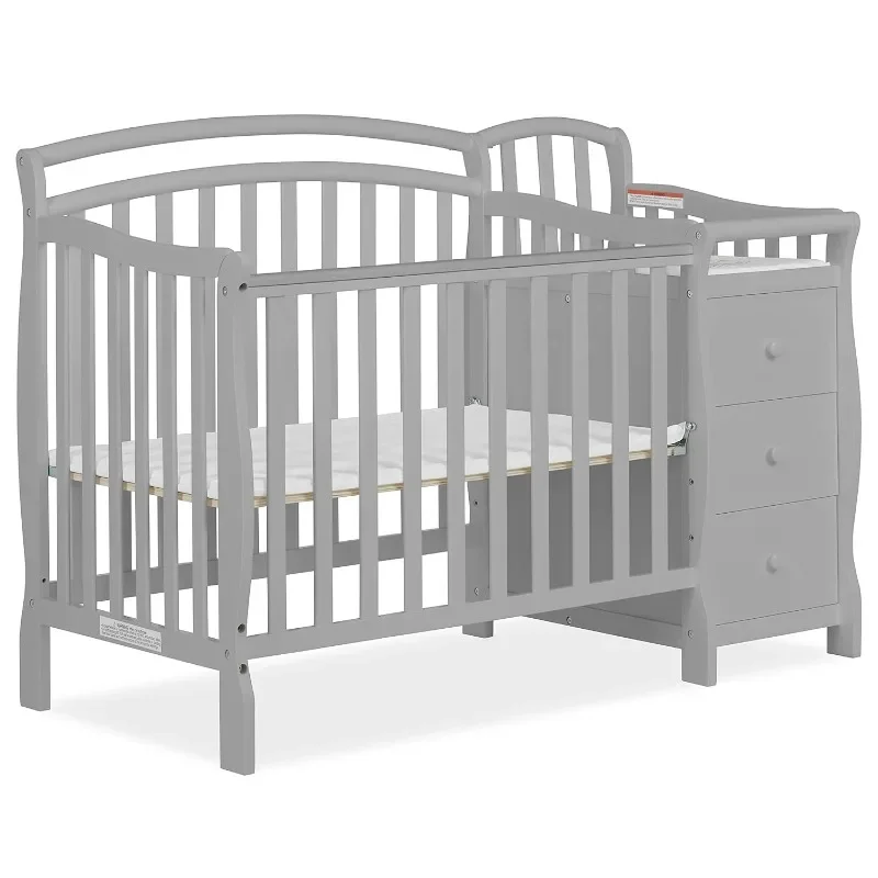 Dream On Me Casco 3-in-1 Mini Crib and Changing Table in Pebble Grey, Convertible Crib, Made of Pinewood