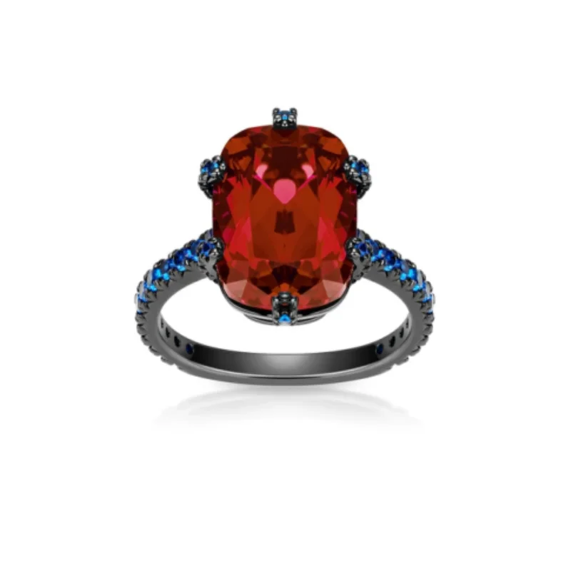Bellux Luxury Oval Red CZ Ring Black Gold Plated 925 Silver Blue Accent Stones Statement Ring Women Men Punk Party Jewelry Gift