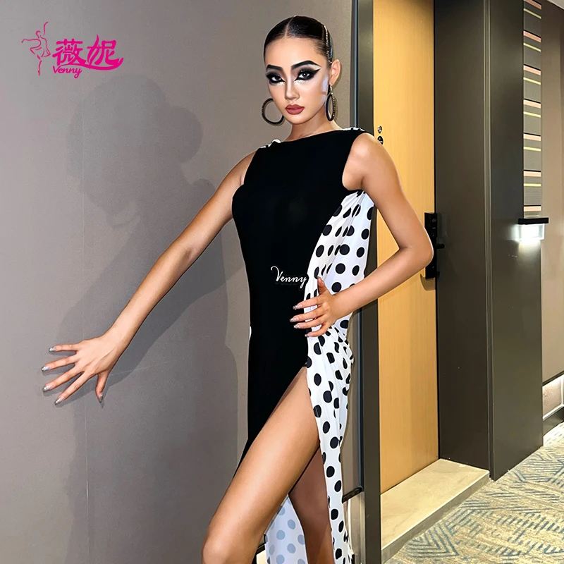 

Venny Style Latin Dance Wear Women's Stage Dress: Polka Dot Low Back & Side Slit Show Gown for Runway Performance