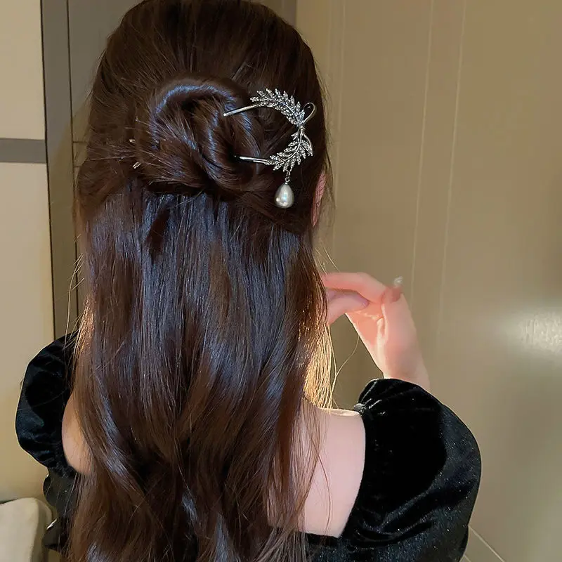 High-end Pearl Rhinestone Wheat Hairpin Women Ancient Style U-shaped Hair Clasp Back Head Hair Sticks Versatile Hair Accessories