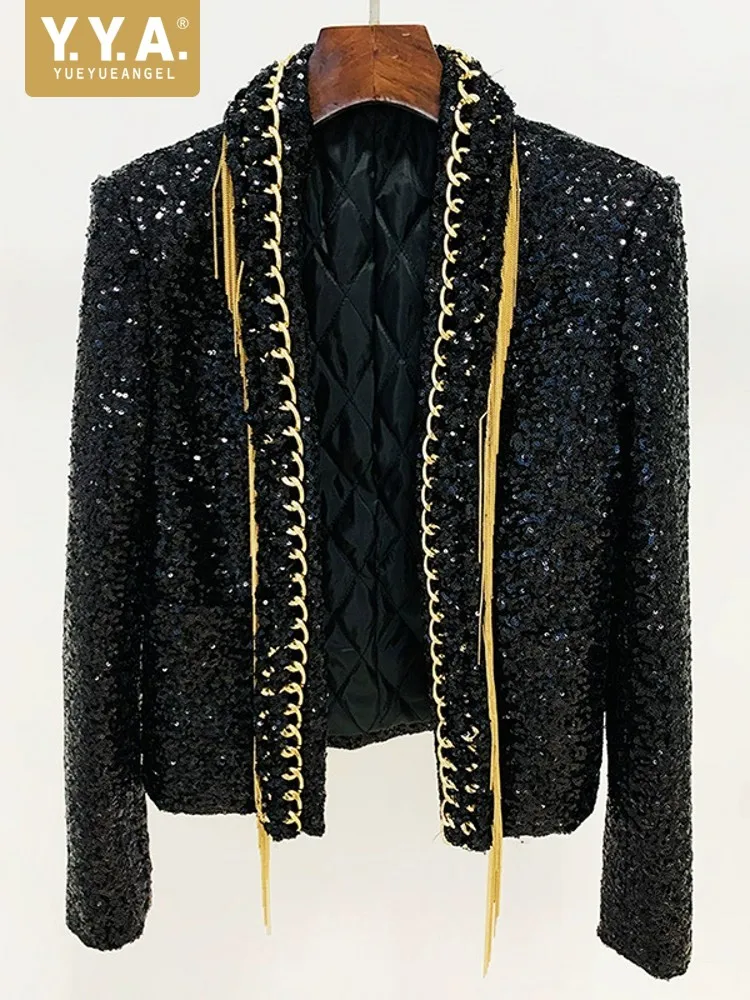 Shiny Women Stage Show Sequined Chain Golden Tassles Jacket Fashion Party Outwear Coat Cardigan Female Autumn Designer Jackets