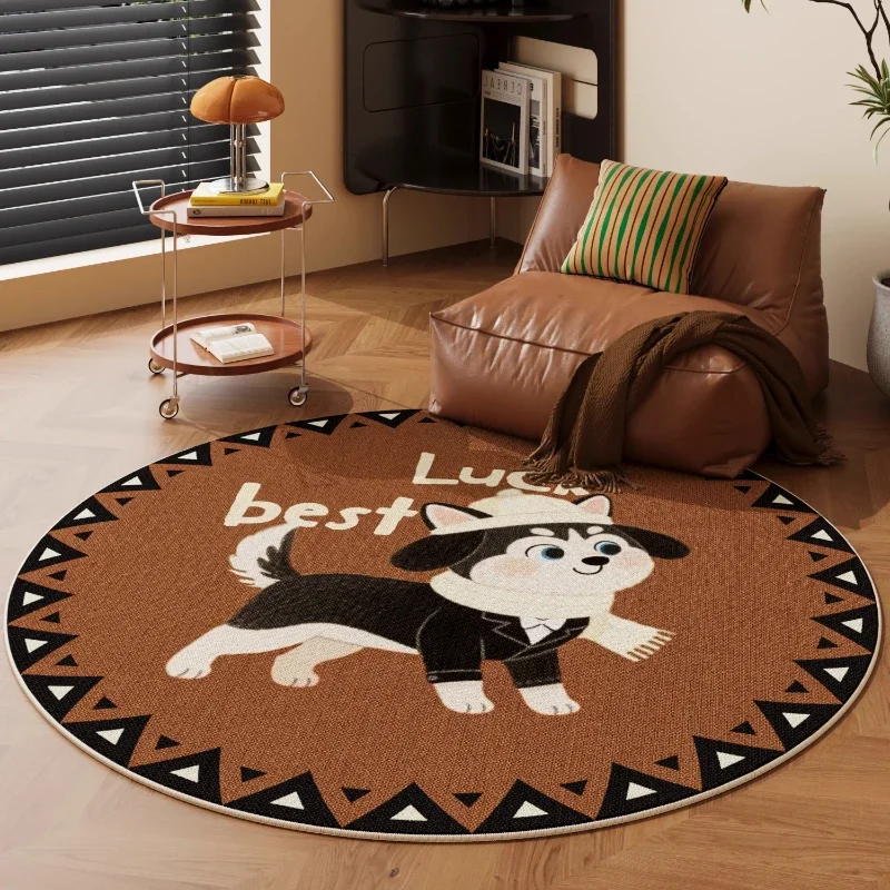 Retro Style Living Room Decoration Round Carpet Cute Puppy Rugs for Bedroom Washable Bedside Floor Mat Anti-slip Lounge Soft Rug