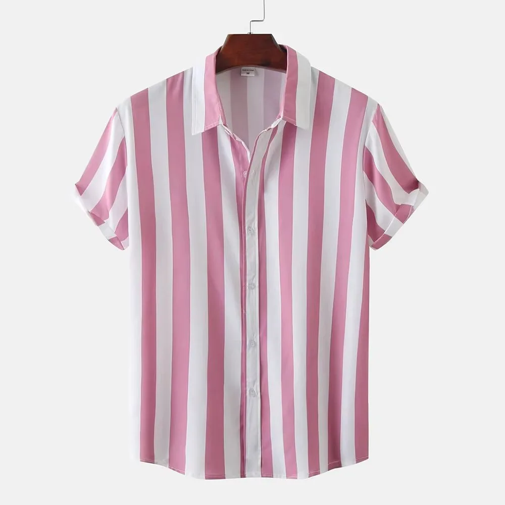 Men Lapel Short Sleeve Shirt Navy White Vertical Stripe Print Loose Breathable Summer Daily Button Casual Tops