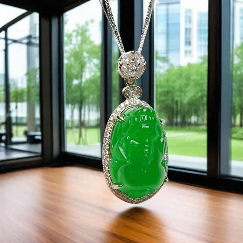 

Pure natural jadeite high ice full green inlay lucky Pixiu pendant material delicate exquisite jade pendant new