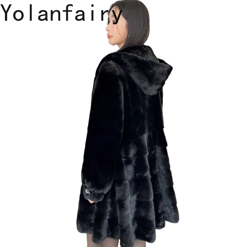 YOLANFAIRY Top Quality Real Fur Coat Woman with Hood Winter Splicing Mink Natural Fur Jacket Elegant 90cm Black Fur Coats пальто