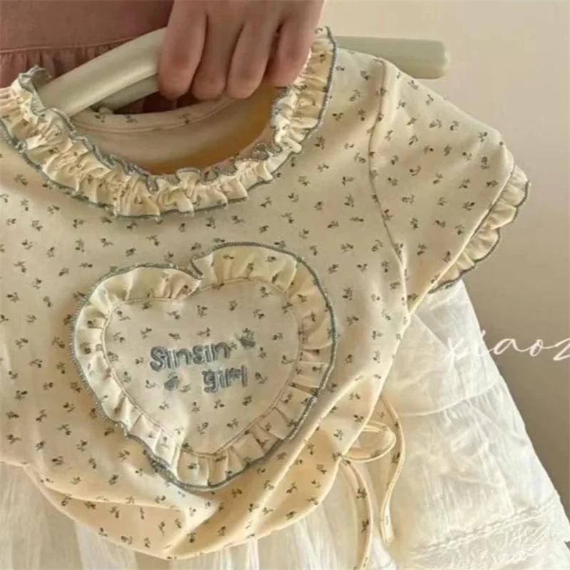 Childrens T-shirt 2024 Summer New Casual Fashion Print Letter Light and Thin Lace Top Loose and Comfortable Children Clothing