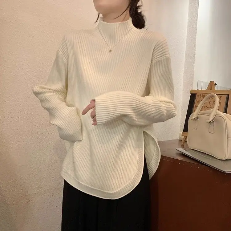 Half High Neck Split Knit Autumn and Winter Korean Version 2023 New Simple Loose Casual Versatile Long Sleeved Top
